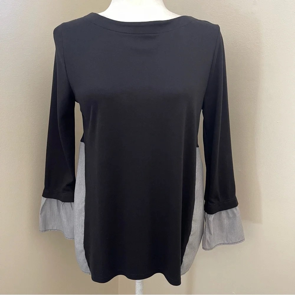 LOFT Mixed Media Bell Sleeve Knit Top (black) - XS